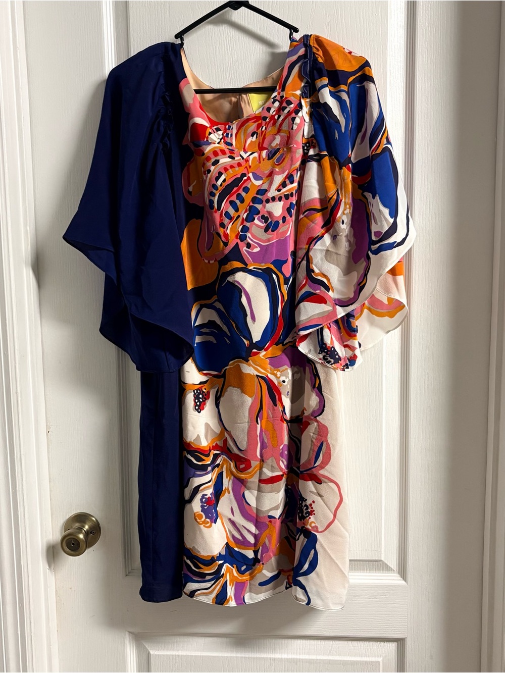 Maeve Silk Abstract Floral Dress in Navy, Pink & Orange